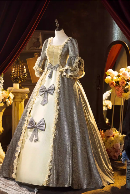Sexy Square Neck A-Line Jacquard Sweet 16th Dresses Beading Bows Long Sleeve Ruffles Prom Dress AP5310