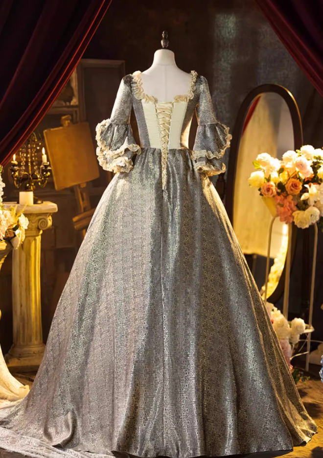Sexy Square Neck A-Line Jacquard Sweet 16th Dresses Beading Bows Long Sleeve Ruffles Prom Dress AP5310
