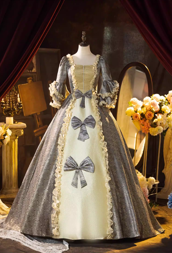 Sexy Square Neck A-Line Jacquard Sweet 16th Dresses Beading Bows Long Sleeve Ruffles Prom Dress AP5310