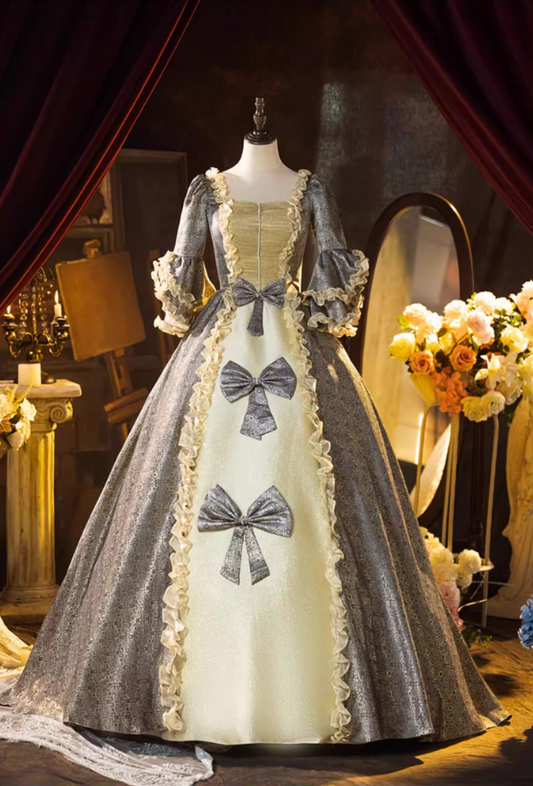 Sexy Square Neck A-Line Jacquard Sweet 16th Dresses Beading Bows Long Sleeve Ruffles Prom Dress AP5310