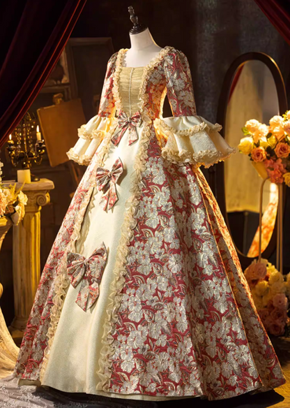 Vogue Square Neck A-Line Floral Sweet 16th Dresses Beading Bows Lace Long Sleeve Ruffles Prom Dress AP5311