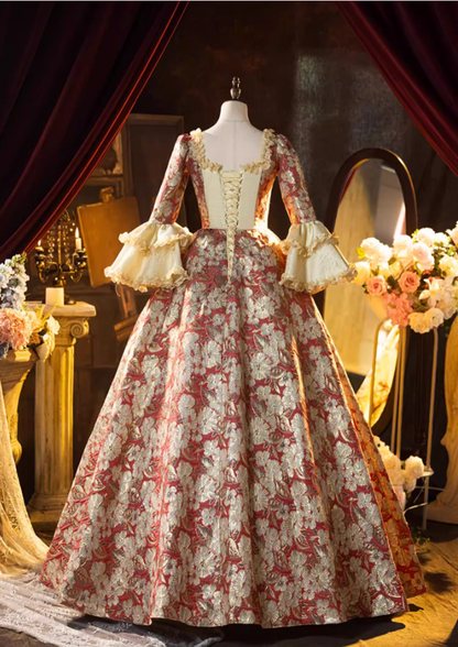Vogue Square Neck A-Line Floral Sweet 16th Dresses Beading Bows Lace Long Sleeve Ruffles Prom Dress AP5311