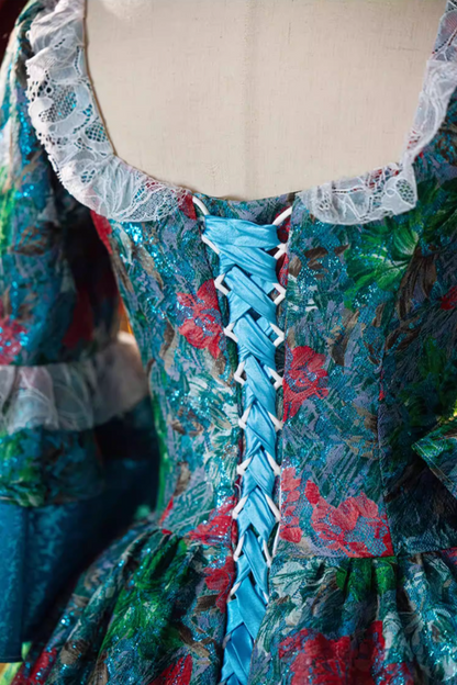 Glittering Square Neck A-Line Jacquard 16th Dresses Bows Lace Long Sleeve Ruffles Prom Dress AP5312