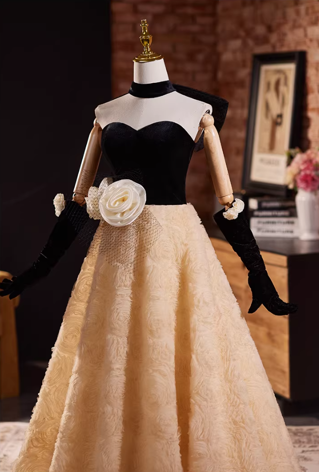 Princess Strapless A-Line Textured Sweet 16th Gowns Handmade Flowers Prom Dress AP5314