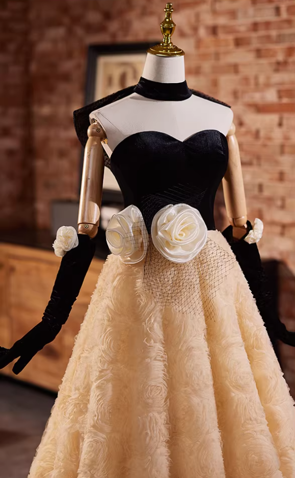 Princess Strapless A-Line Textured Sweet 16th Gowns Handmade Flowers Prom Dress AP5314