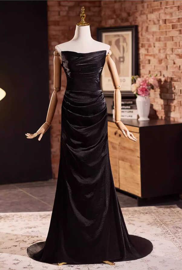 Gothic-Style Sheath Strapless Sweet 16th Dresses Black Satin Prom Dress AP5315