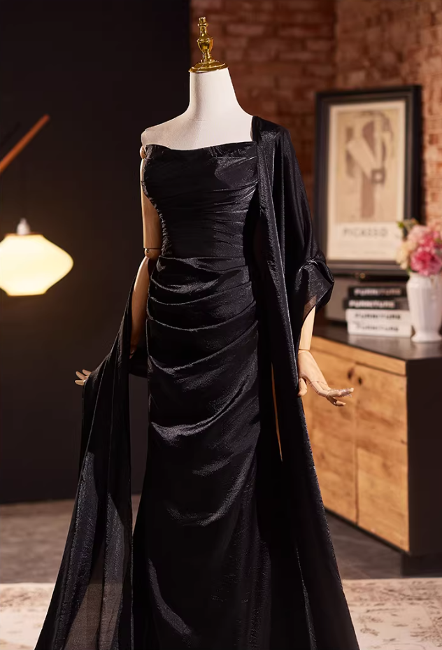 Gothic-Style Sheath Strapless Sweet 16th Dresses Black Satin Prom Dress AP5315