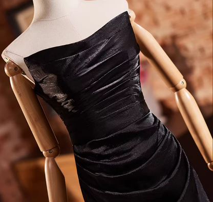 Gothic-Style Sheath Strapless Sweet 16th Dresses Black Satin Prom Dress AP5315