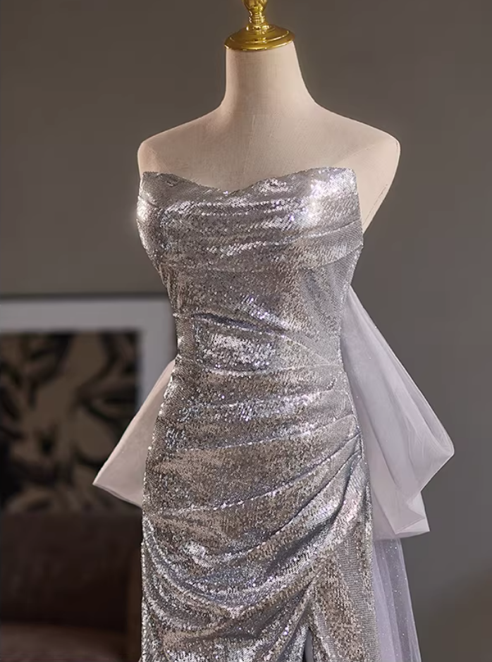 Delicate Strapless High-Slit Evening Mermaid Dress Sequins Bow Train Prom Dress AP5318