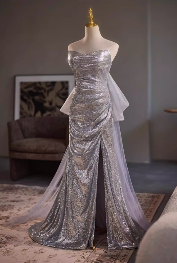 Delicate Strapless High-Slit Evening Mermaid Dress Sequins Bow Train Prom Dress AP5318