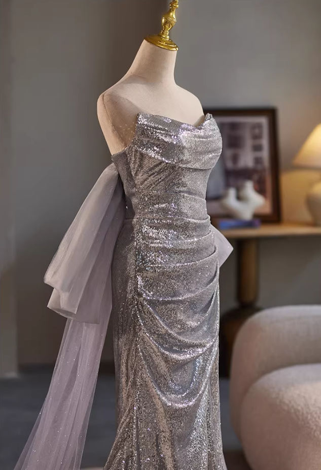 Delicate Strapless High-Slit Evening Mermaid Dress Sequins Bow Train Prom Dress AP5318