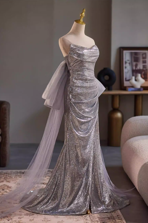 Delicate Strapless High-Slit Evening Mermaid Dress Sequins Bow Train Prom Dress AP5318