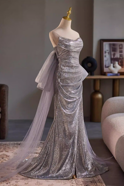Delicate Strapless High-Slit Evening Mermaid Dress Sequins Bow Train Prom Dress AP5318