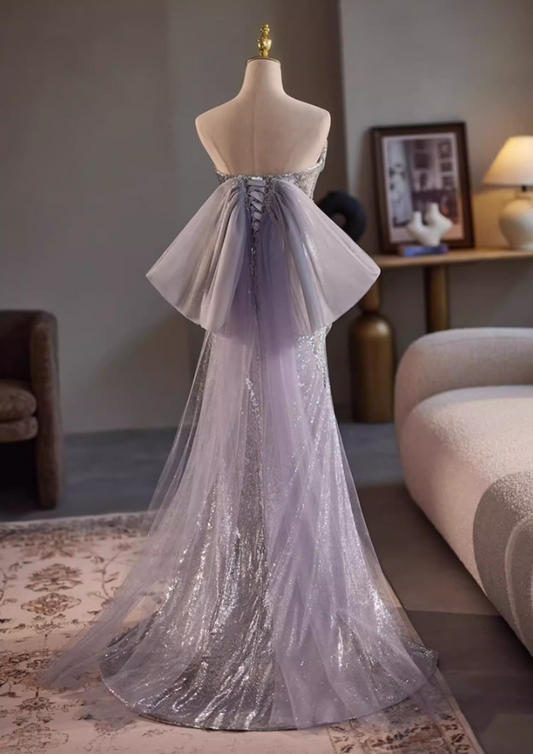 Delicate Strapless High-Slit Evening Mermaid Dress Sequins Bow Train Prom Dress AP5318