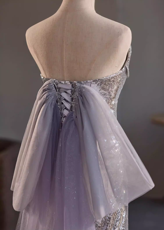 Delicate Strapless High-Slit Evening Mermaid Dress Sequins Bow Train Prom Dress AP5318