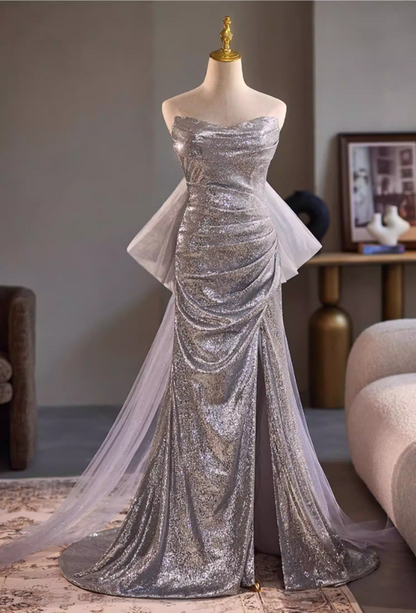 Delicate Strapless High-Slit Evening Mermaid Dress Sequins Bow Train Prom Dress AP5318