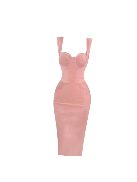 Hot Girls Structured Bust Slim Fit Spaghetti Straps Midi Dress Chic Blush Pink Lace Corset Sheath Long Dress AP5321