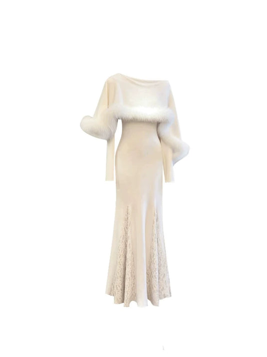 Fairy Faux Fur Long Sleeve Maxi Dress With Cape Elegant Cream Fitted Mermaid Long Dress AP5323