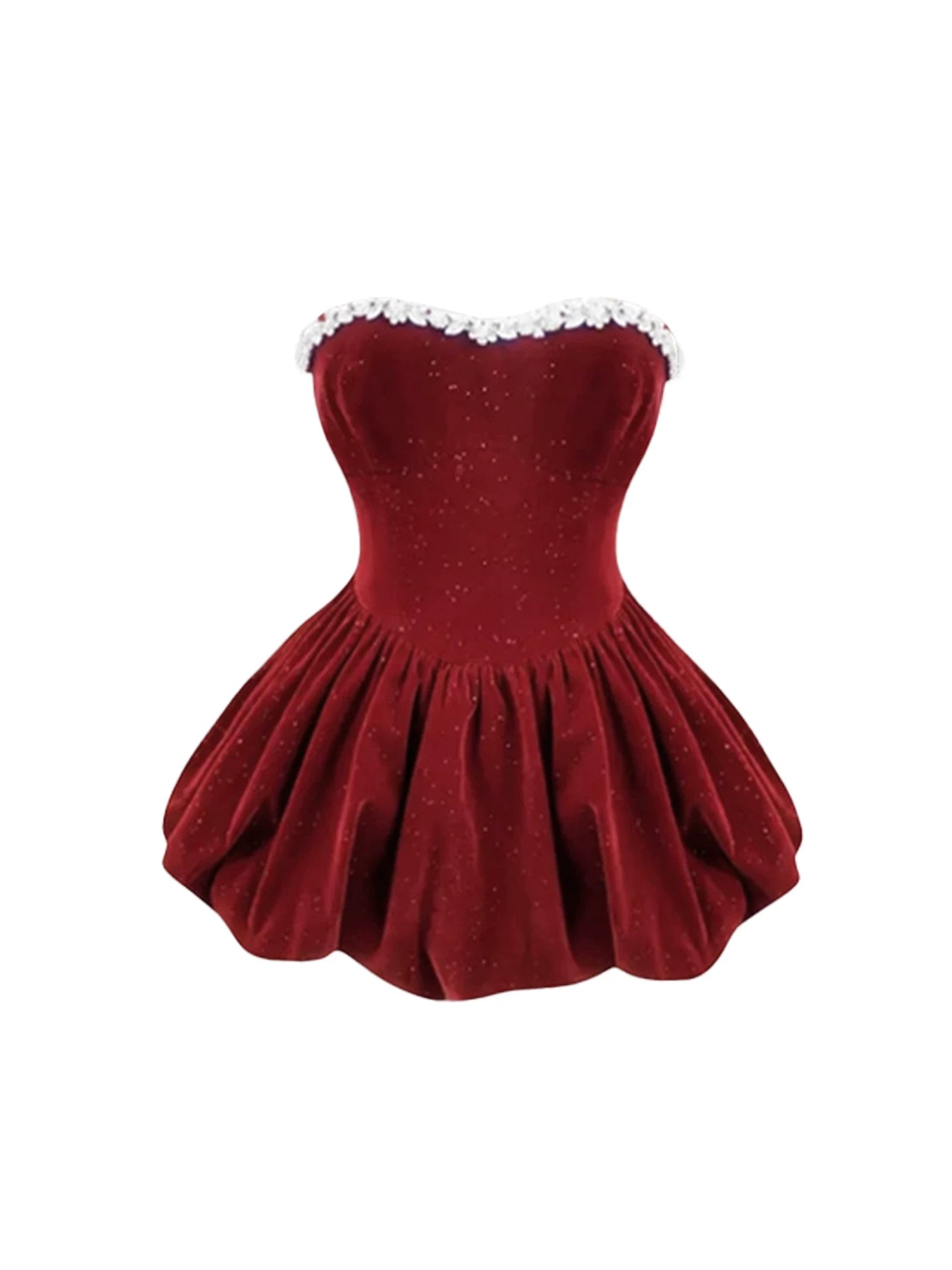 Hottie Beading Trim Fitted Bust Puff A-Line Mini Skirt Sexy Burgundy Sequin Strapless Short Dress AP5324