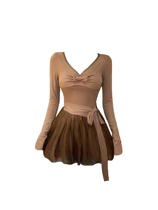 Casual Lace Trim Bow Tulle A-Line Mini Skirt Trendy Light Brown Long-Sleeve V-Neck Short Dress AP5325