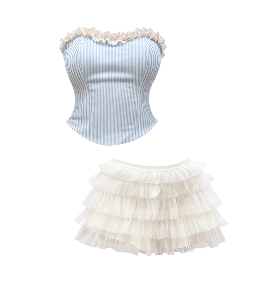 Everyday Wear 2-Piece A-Line White Tiered Tulle Mini Skirt Elegant Blue-White Striped Strapless Lace-Trim Top Short Dress AP5327