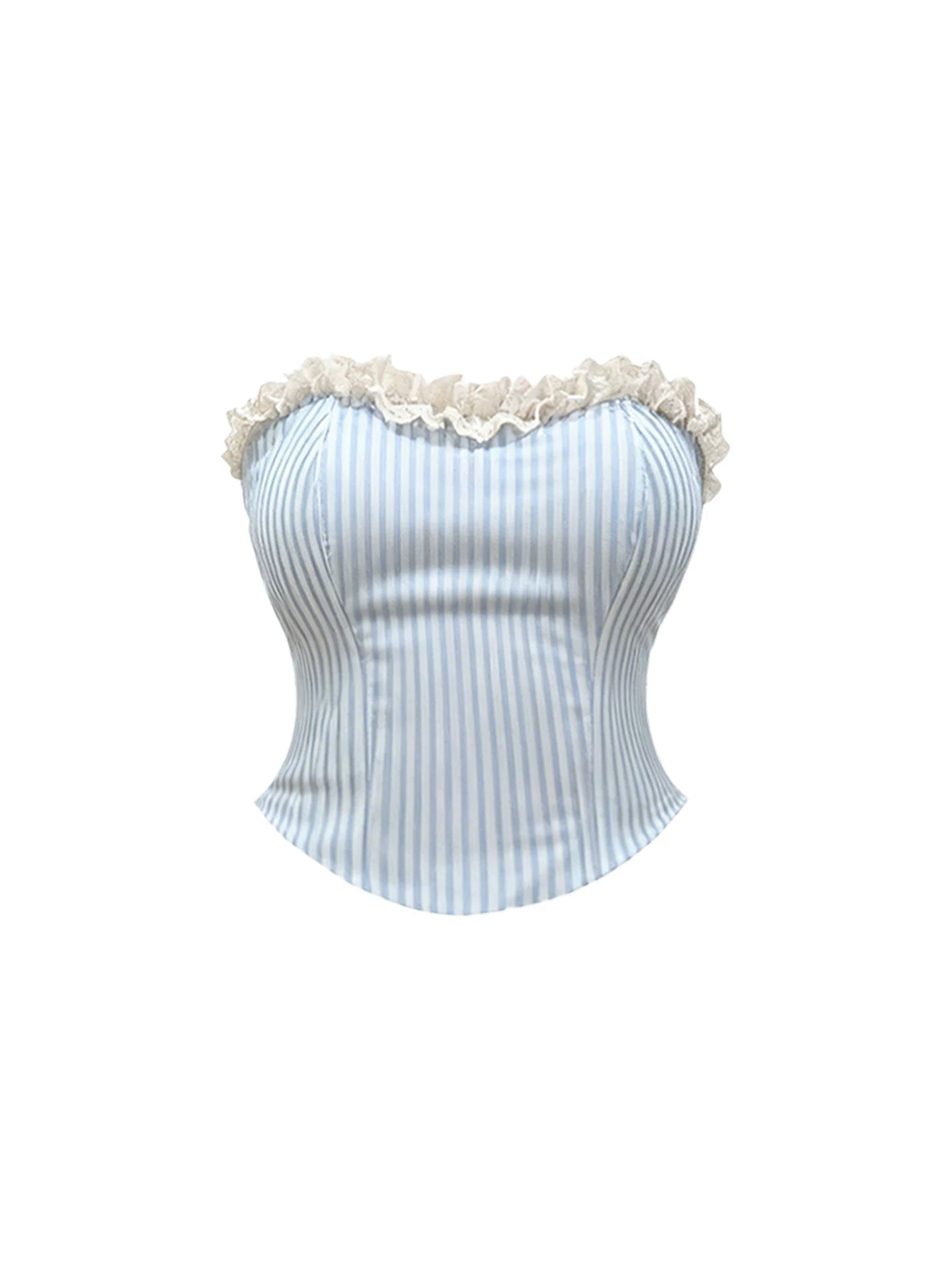 Everyday Wear 2-Piece A-Line White Tiered Tulle Mini Skirt Elegant Blue-White Striped Strapless Lace-Trim Top Short Dress AP5327