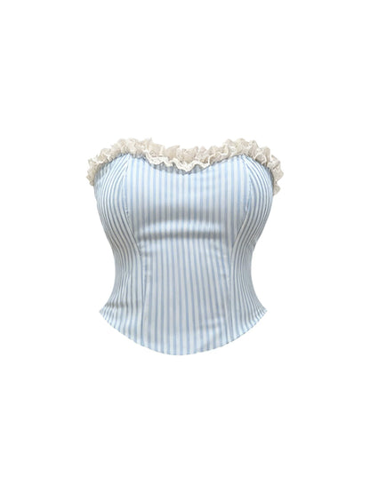 Everyday Wear 2-Piece A-Line White Tiered Tulle Mini Skirt Elegant Blue-White Striped Strapless Lace-Trim Top Short Dress AP5327