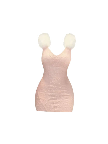 Lovely V-Neck Faux Fur Shoulder Accents Fitted Mini Dress Charming Textured Bodycon Short Dress AP5330