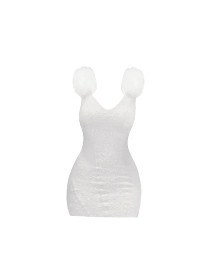 Lovely V-Neck Faux Fur Shoulder Accents Fitted Mini Dress Charming Textured Bodycon Short Dress AP5330