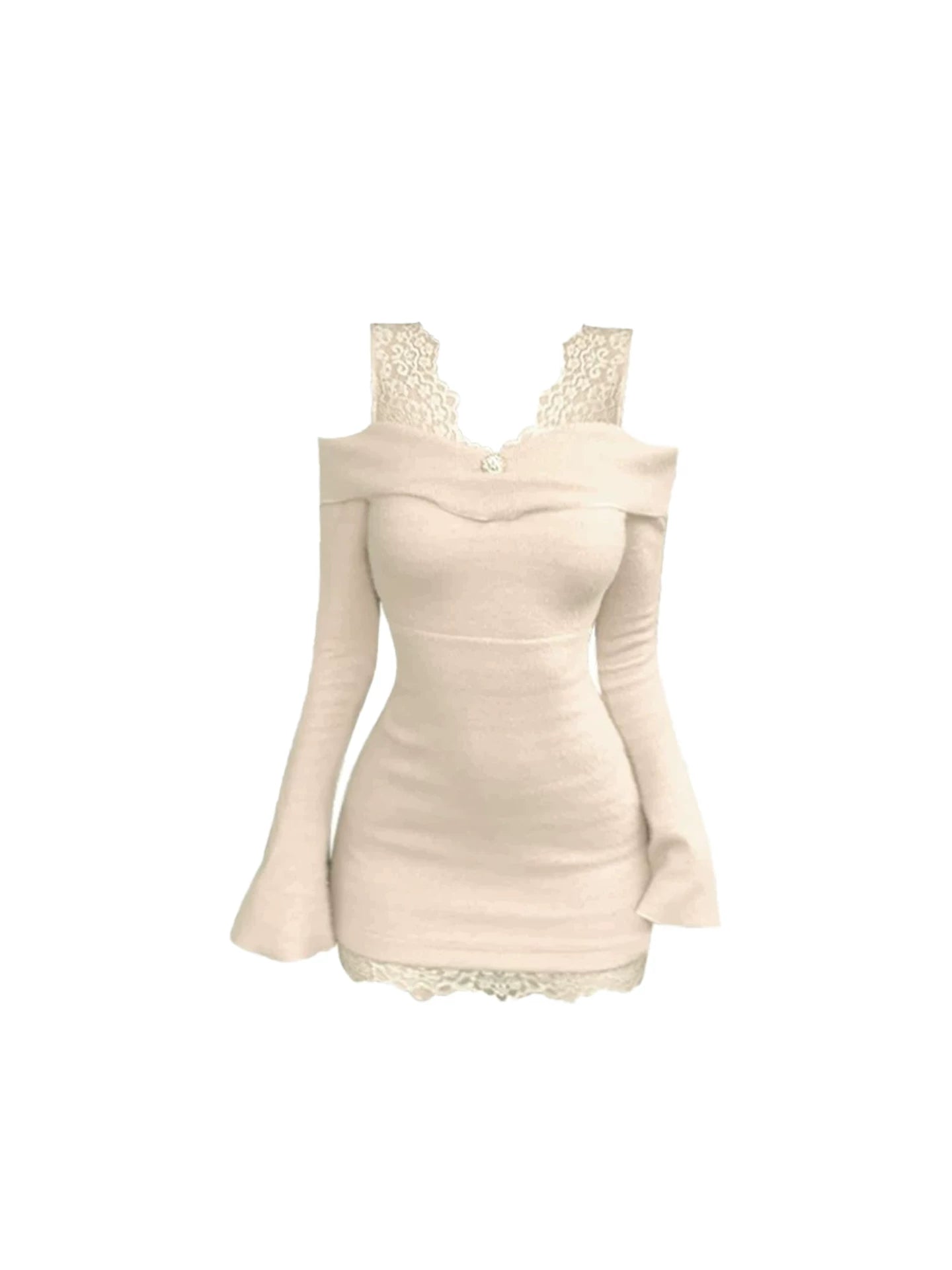 Refined Off-Shoulder Fitted V Neck Mini Skirt Chic Lace Trim Flared Long-Sleeve Bodycon Short Dress AP5331