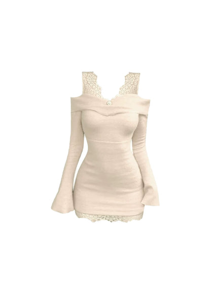 Refined Off-Shoulder Fitted V Neck Mini Skirt Chic Lace Trim Flared Long-Sleeve Bodycon Short Dress AP5331