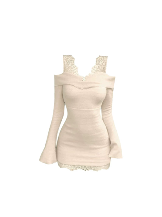 Refined Off-Shoulder Fitted V Neck Mini Skirt Chic Lace Trim Flared Long-Sleeve Bodycon Short Dress AP5331