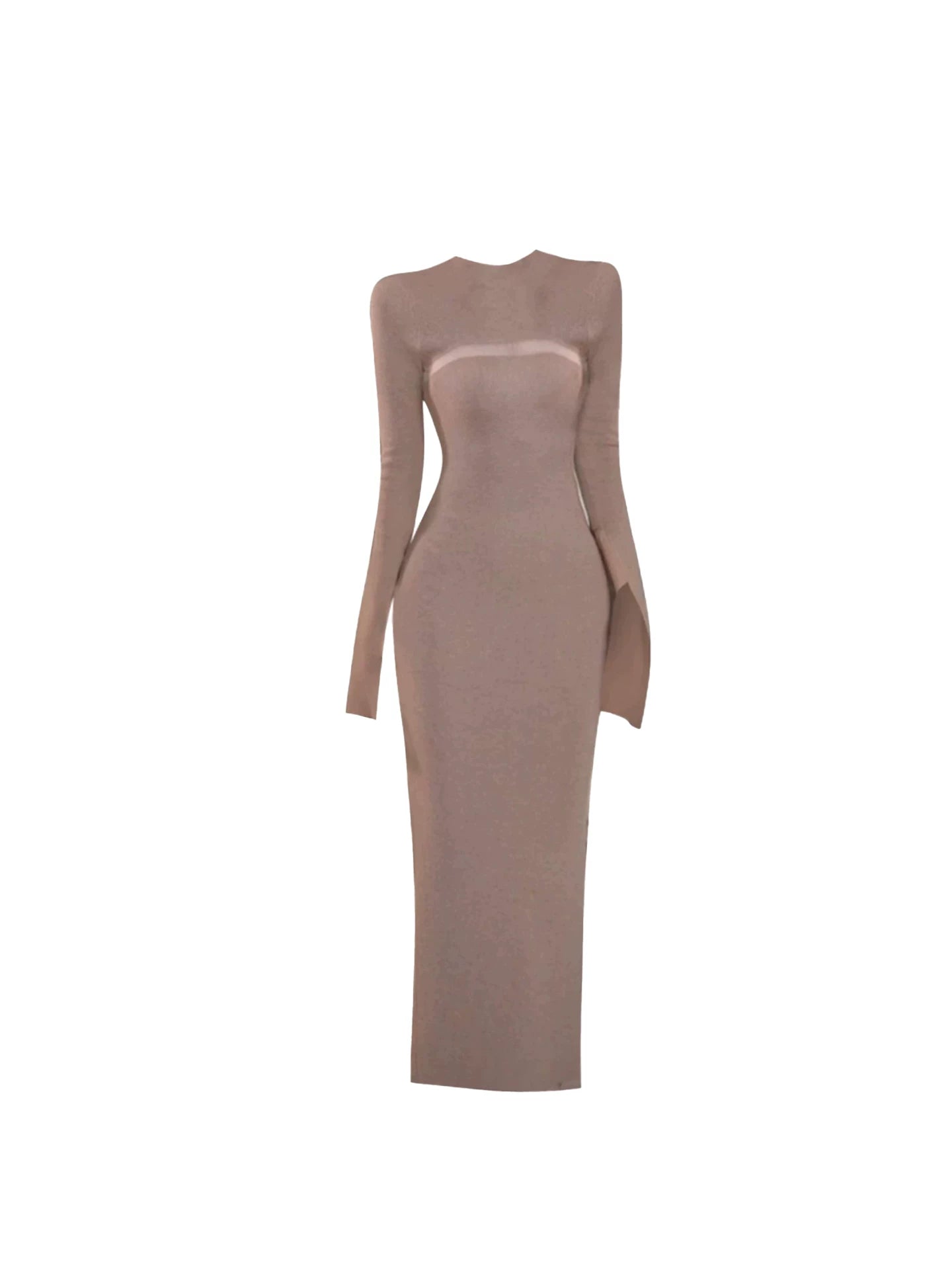 Beautiful Jewel Neck Side Sheer Panel Sheath Maxi Dress Elegant Long-Sleeve Fitted Long Dress AP5332