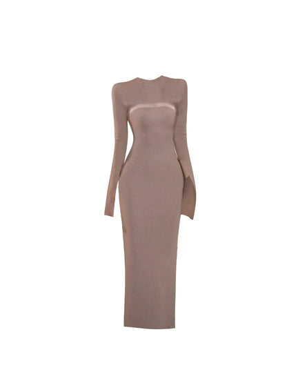 Beautiful Jewel Neck Side Sheer Panel Sheath Maxi Dress Elegant Long-Sleeve Fitted Long Dress AP5332
