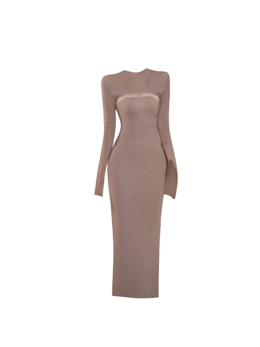 Beautiful Jewel Neck Side Sheer Panel Sheath Maxi Dress Elegant Long-Sleeve Fitted Long Dress AP5332
