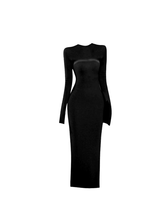 Beautiful Jewel Neck Side Sheer Panel Sheath Maxi Dress Elegant Long-Sleeve Fitted Long Dress AP5332