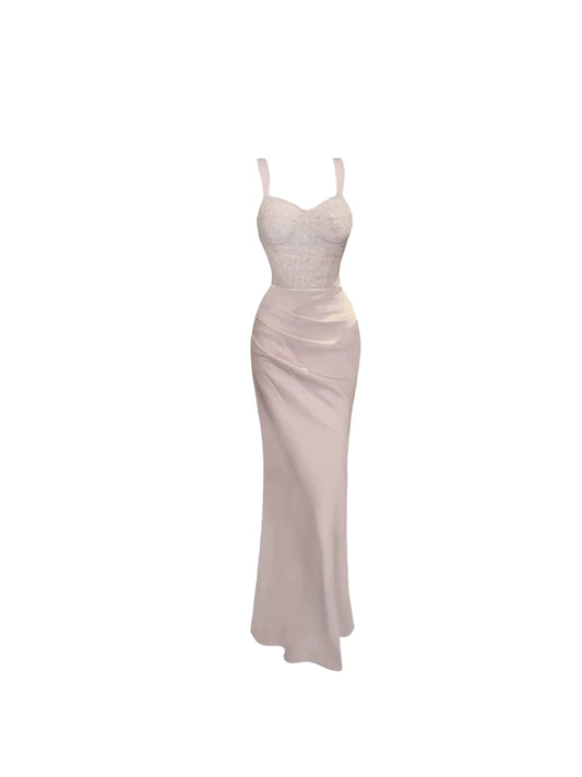 Enchanting Light Pink Spaghetti Strap Sweetheart Neck Maxi Dress Elegant Sequin Top Satin Sheath Long Dress AP5333