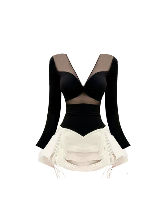 Superb Mesh-Panel Top White Drawstring Ruched Mini Skirt Retro Black Long-Sleeve V-Neck Bodycon Short Dress AP5334