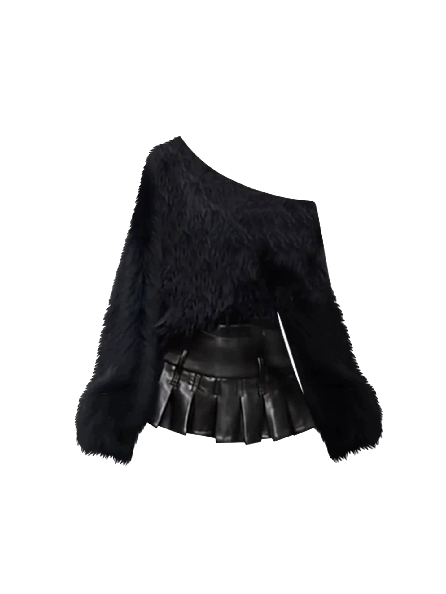 Wonderful 2-Piece Black One-Shoulder Fuzzy Long-Sleeve Mini Skirt Vogue Asymmetric Neck Crop Top A-Line Faux Leather Pleated Short Dress AP5335