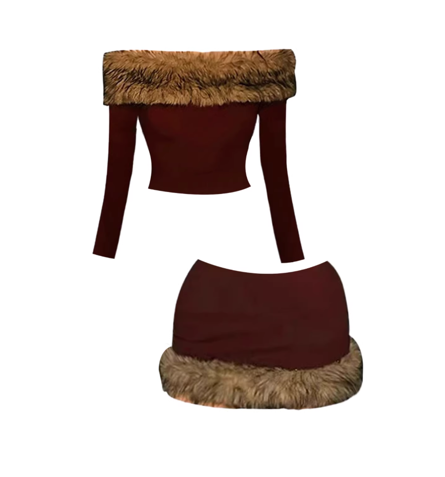 Amazing Off-Shoulder Crop Top Bodycon Mini Skirt Charming Faux Fur Trim Long-Sleeve Short Dress AP5336