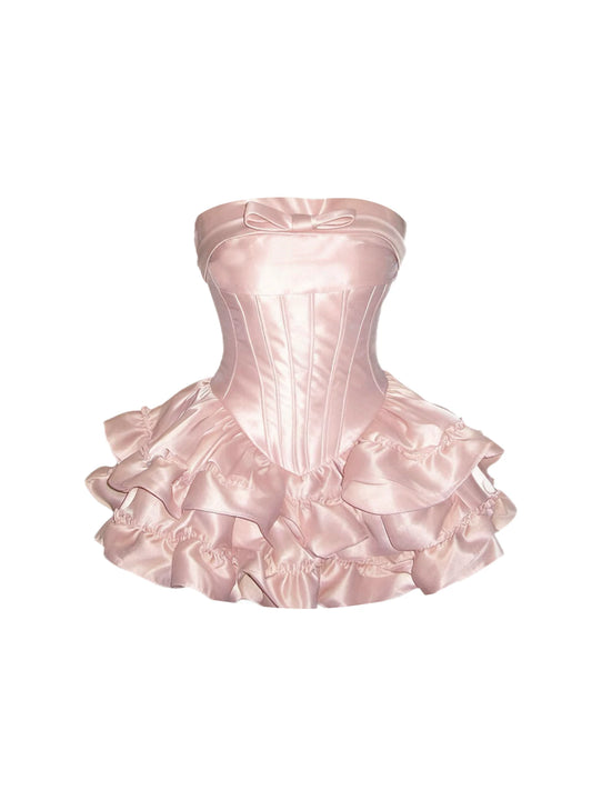 Appealing A-Line Bow Corset Layered Ruffle Hem Mini Skirt Cute Light Pink Satin Strapless Short Dress AP5337
