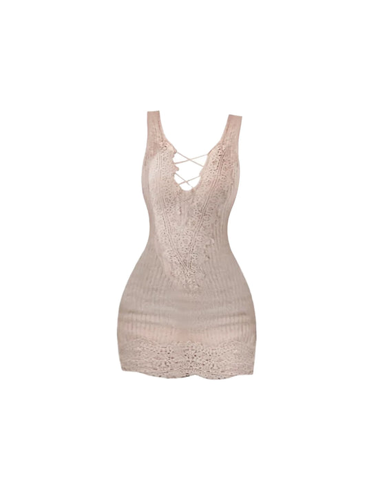 Fascinating Light Nude Fitted Lace-Trimmed Mini Dress Retro Crisscross Tie V Neck Bodycon Sleeveless Short Dress AP5338