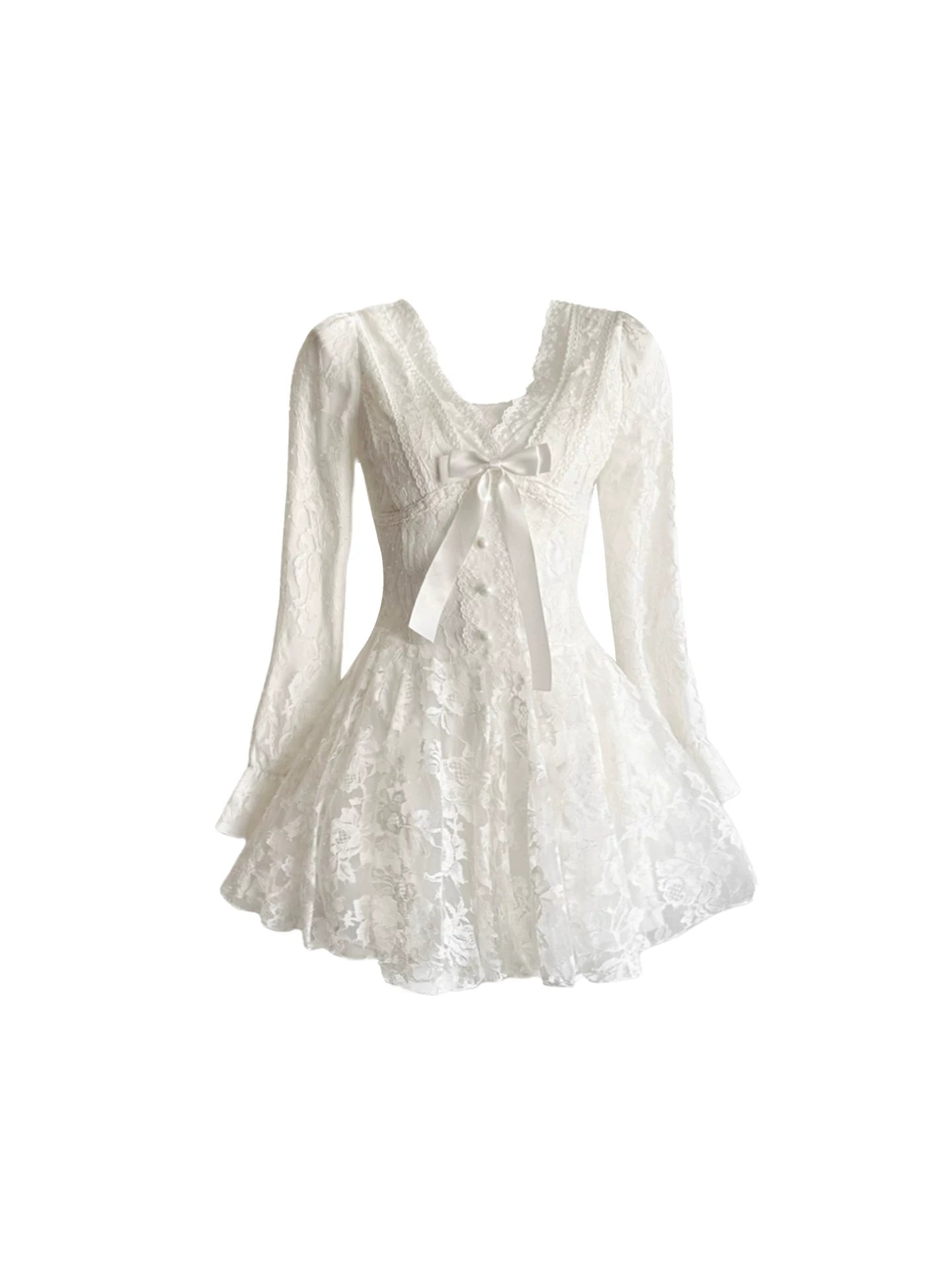 Splendid V Neck Long-Sleeve Front Bow Tie Mini Skirt Elegant Ivory Floral Lace A-Line Button Details Short Dress AP5339