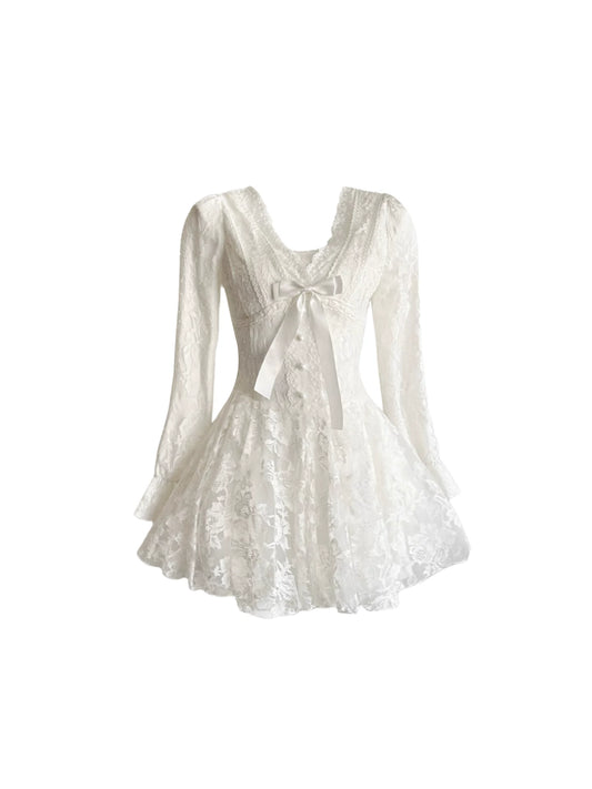 Splendid V Neck Long-Sleeve Front Bow Tie Mini Skirt Elegant Ivory Floral Lace A-Line Button Details Short Dress AP5339