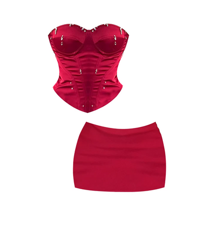 Enticing Burgundy Bodycon Beads Accents Mini Skirt Elegant Strapless Corset 2-Piece Short Dress AP5340