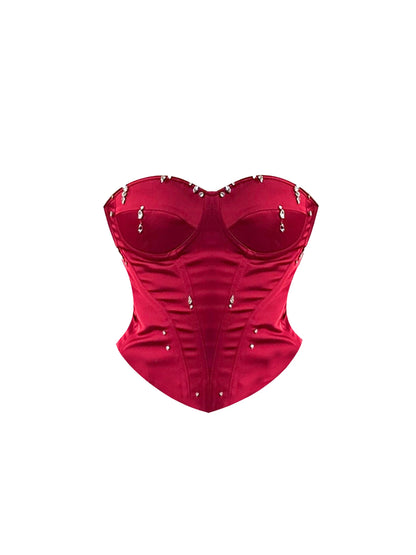 Enticing Burgundy Bodycon Beads Accents Mini Skirt Elegant Strapless Corset 2-Piece Short Dress AP5340
