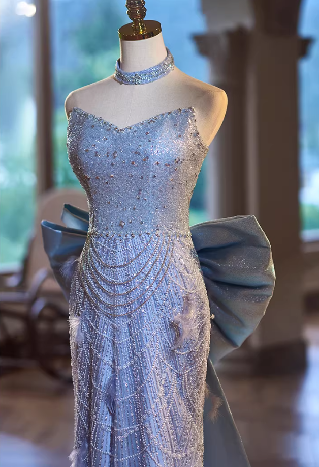 Avant-Garde Strapless Evening Mermaid Dress With Bow Train Sequins Beading Feather Prom Dress AP5342