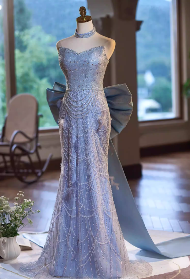 Avant-Garde Strapless Evening Mermaid Dress With Bow Train Sequins Beading Feather Prom Dress AP5342