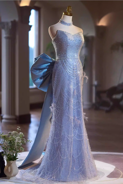 Avant-Garde Strapless Evening Mermaid Dress With Bow Train Sequins Beading Feather Prom Dress AP5342