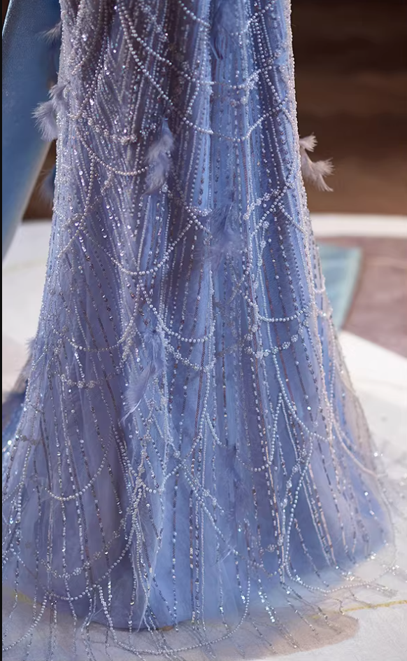 Avant-Garde Strapless Evening Mermaid Dress With Bow Train Sequins Beading Feather Prom Dress AP5342